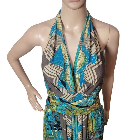 BCBGMAXAZRIA Teal Multicolor Abstract Patterned Halter Dress Size Sm V-neck Wrap - Picture 9 of 12